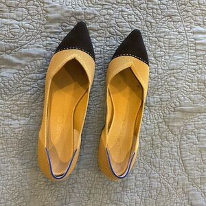 Rothy's Tan and Black Pointed Flats with Blue Accent